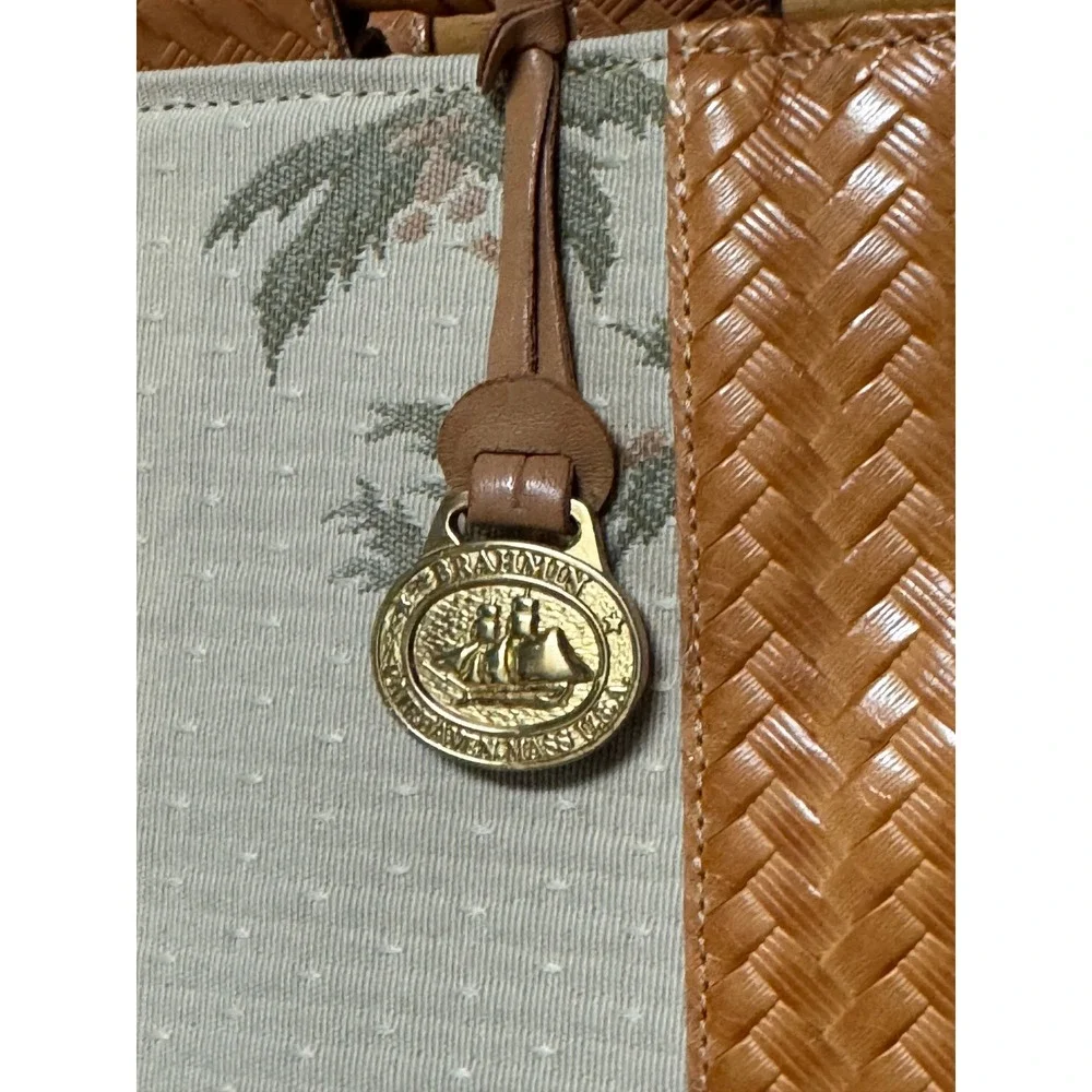 Brahmin Vintage Palm Tree Bamboo Handle Woven Leather Satchel Shoulder Bag Brown